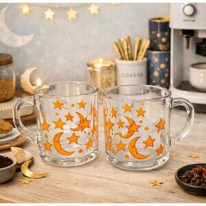Vintage Libbey Celestial Moon Stars Glass Coffee Mug Set of 2 Astrology Cups